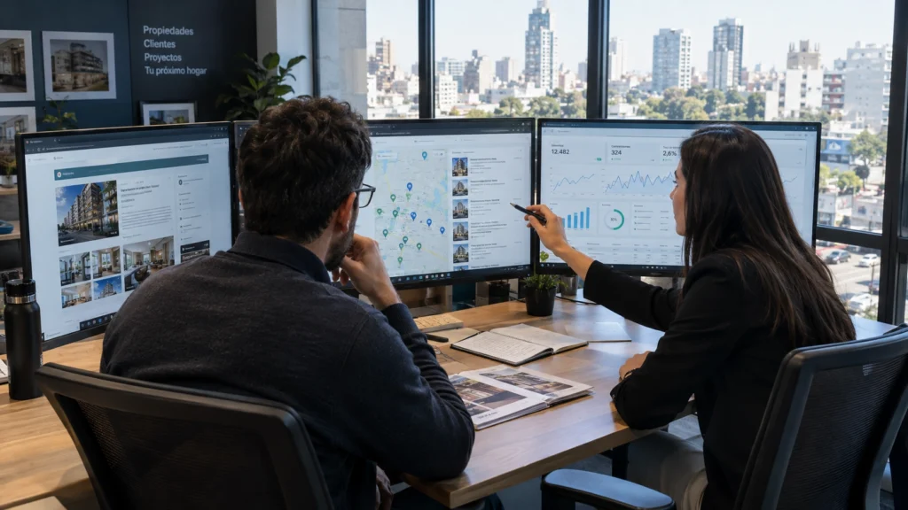 Profesionales analizando el SEO de una inmobiliaria en Córdoba frente a métricas, propiedades y resultados web